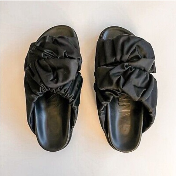 SOLD 𝅺ganni Ruched Crossover Chunky Platform Sandals Satin Black Size 38 - Picture 4 of 6